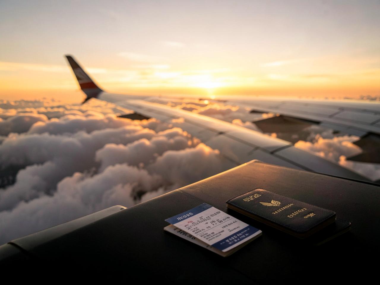 Boarding pass and passport on a flight at sunset after a successful student visa